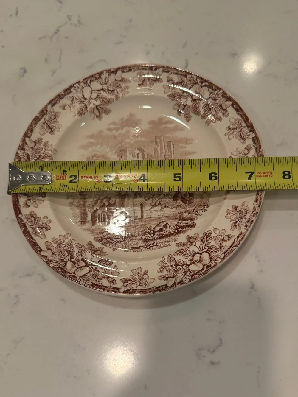 W.T. Copeland Brown Transferware Salad Plate Castle Ruins Oak Acorn Border